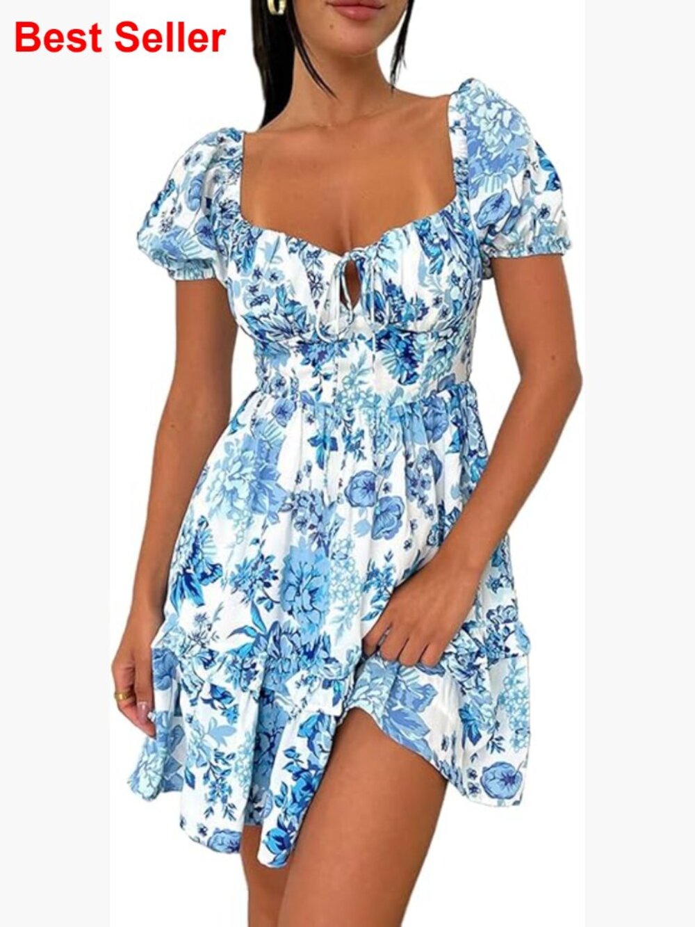 Floral Mini Dress With Puff Sleeves Square Neck Tie Front Ruffle Hem